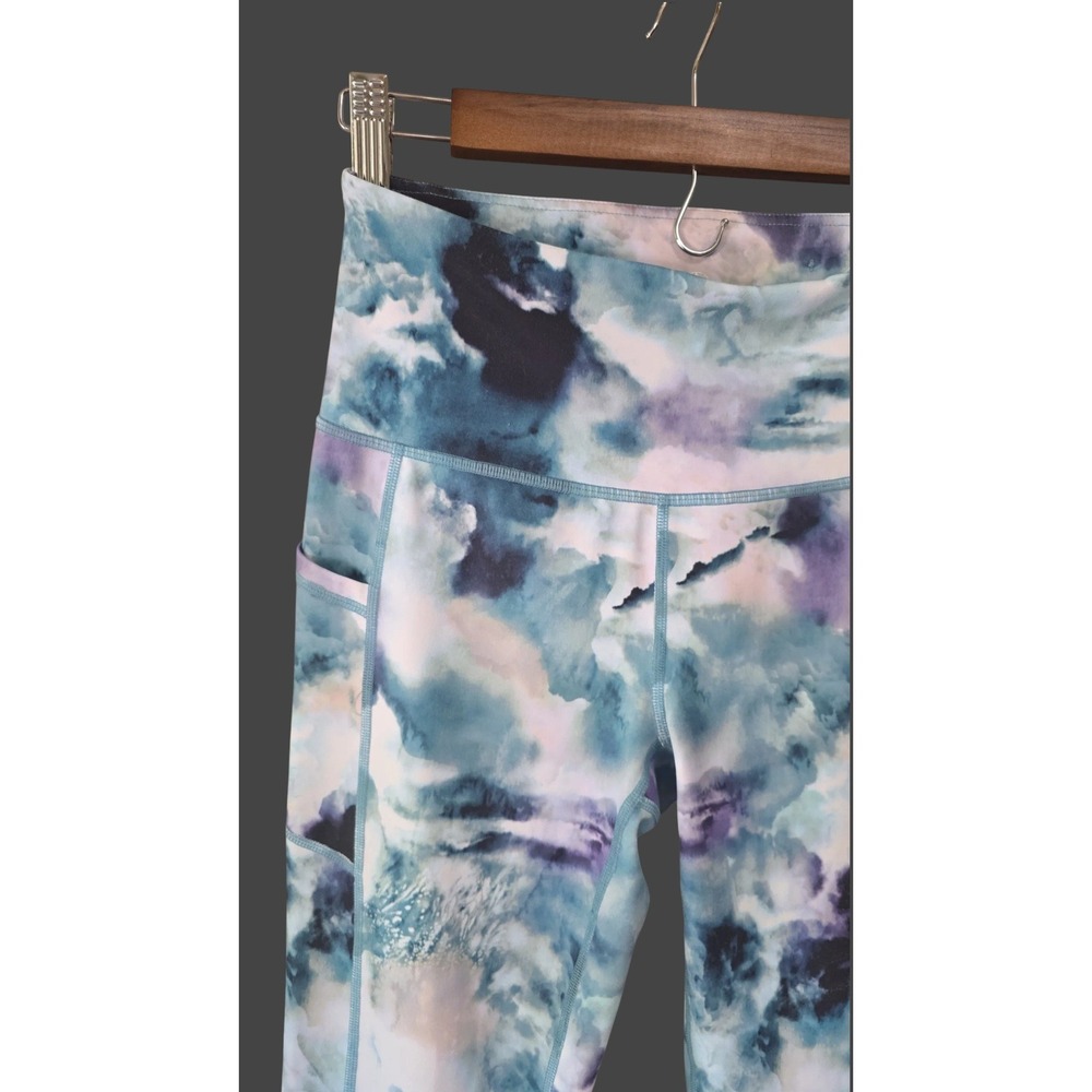 Gaiam Womens High Waisted Yoga Leggings Blue Purple Watercolor Print Pockets S